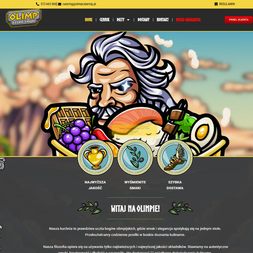 Strona internetowa Olimp Catering z ilustracją starożytnego boga oraz ikonami przedstawiającymi najwyższą jakość, wyśmienite smaki i szybką dostawę.