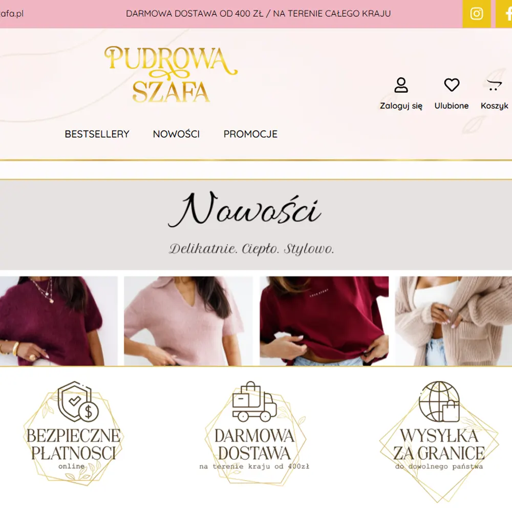 Strona internetowa Pudrowa Szafa z ofertą nowości i promocji. Kobiece ubrania w ciepłych kolorach. Bezpieczne płatności online, darmowa dostawa od 400 zł na terenie kraju, wysyłka za granicę. Zakupy online.
